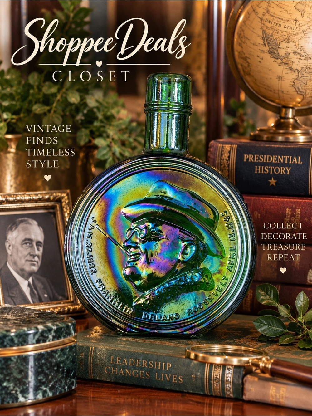 Vintage Wheaton FDR First Edition Green Carnival Glass Presidential Decanter